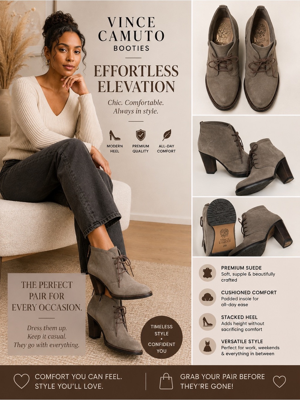Vince Camuto Taupe Suede Lace-Up Ankle Booties